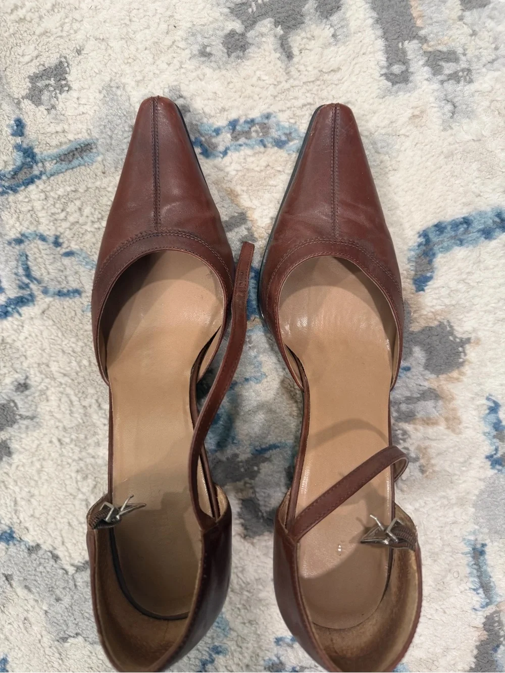 Brown Pointed-Toe Leather Heels with Ankle Strap